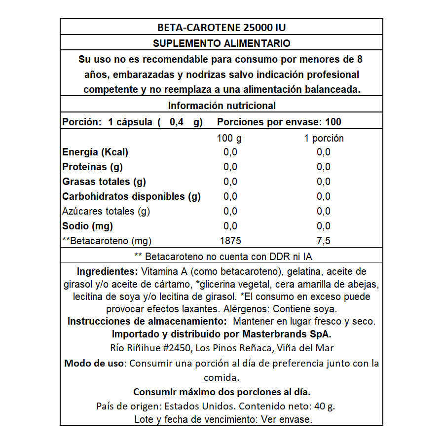 Betacaroteno 25.000 UI (7500 Mcg) - 100 Cápsulas Blandas