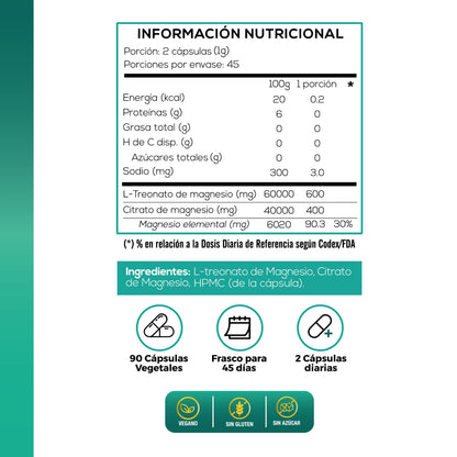 Magnesio L-Treonato 90 cápsulas vegetales
