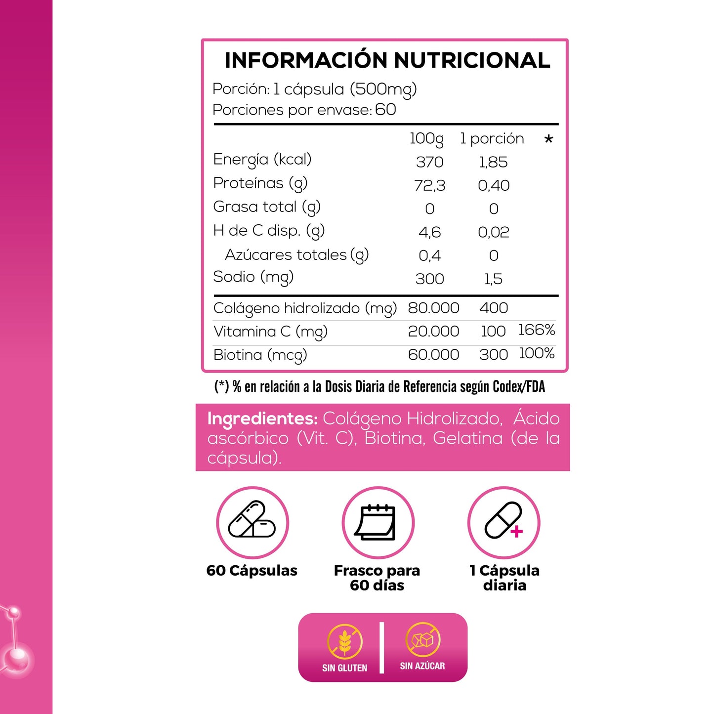 Biotina + Colágeno Hidrolizado + Vitamina C - 60 CAPSULAS