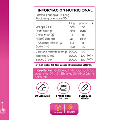 Biotina + Colágeno Hidrolizado + Vitamina C - 60 CAPSULAS