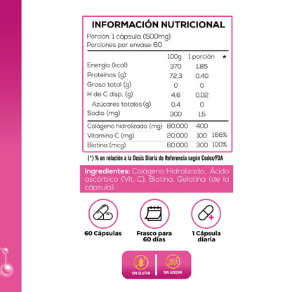 Biotina + Colágeno Hidrolizado + Vitamina C - 60 Cáps. + Vinagre de Manzana 820 Mg - 60 Cáps.