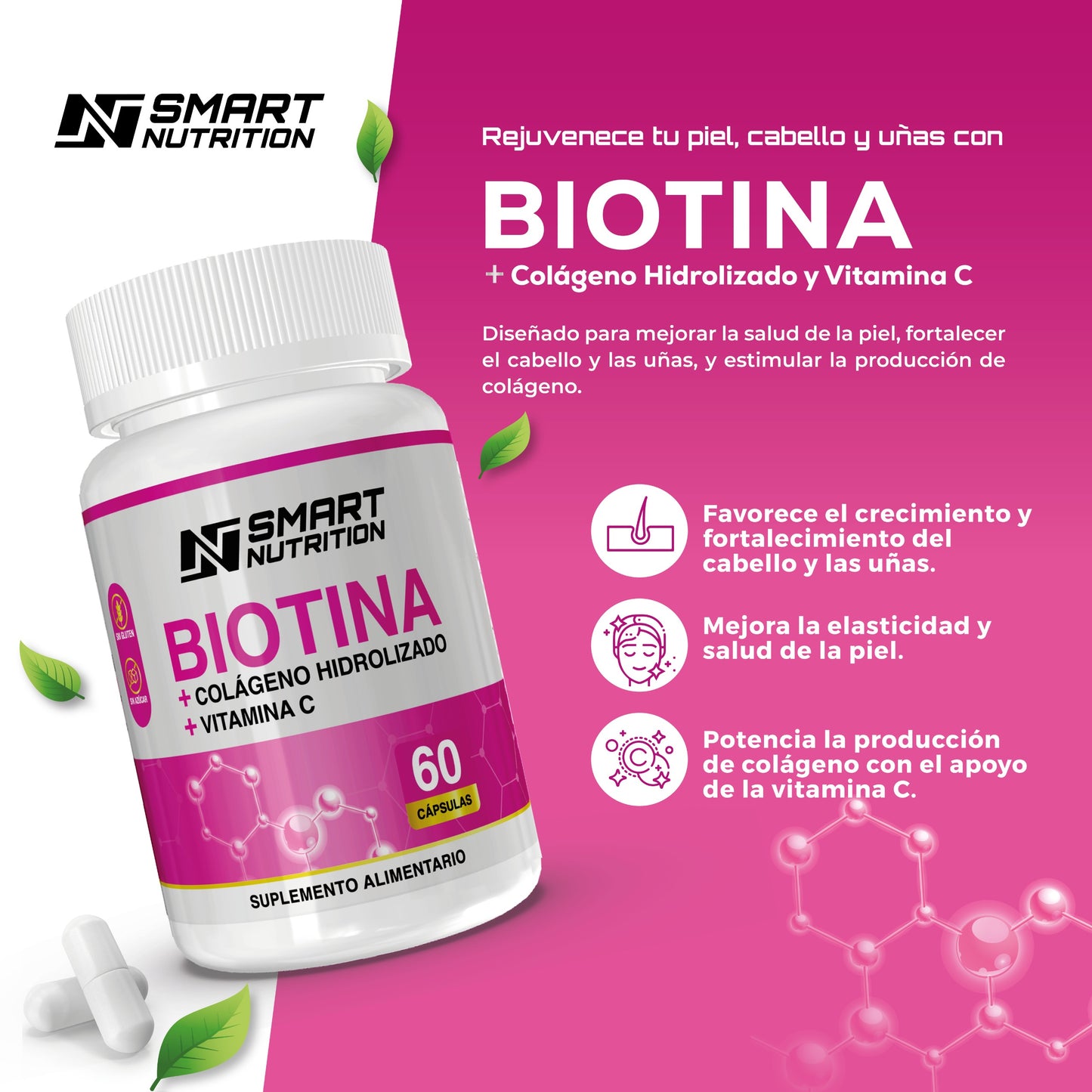 Biotina + Colágeno Hidrolizado + Vitamina C - 60 CAPSULAS