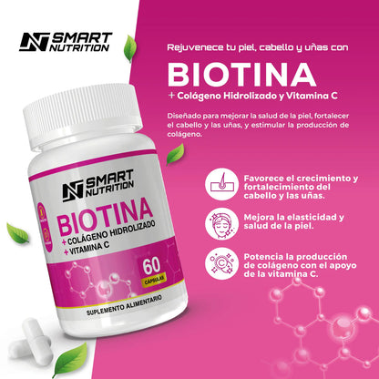 Biotina + Colágeno Hidrolizado + Vitamina C - 60 Cáps. + Vinagre de Manzana 820 Mg - 60 Cáps.