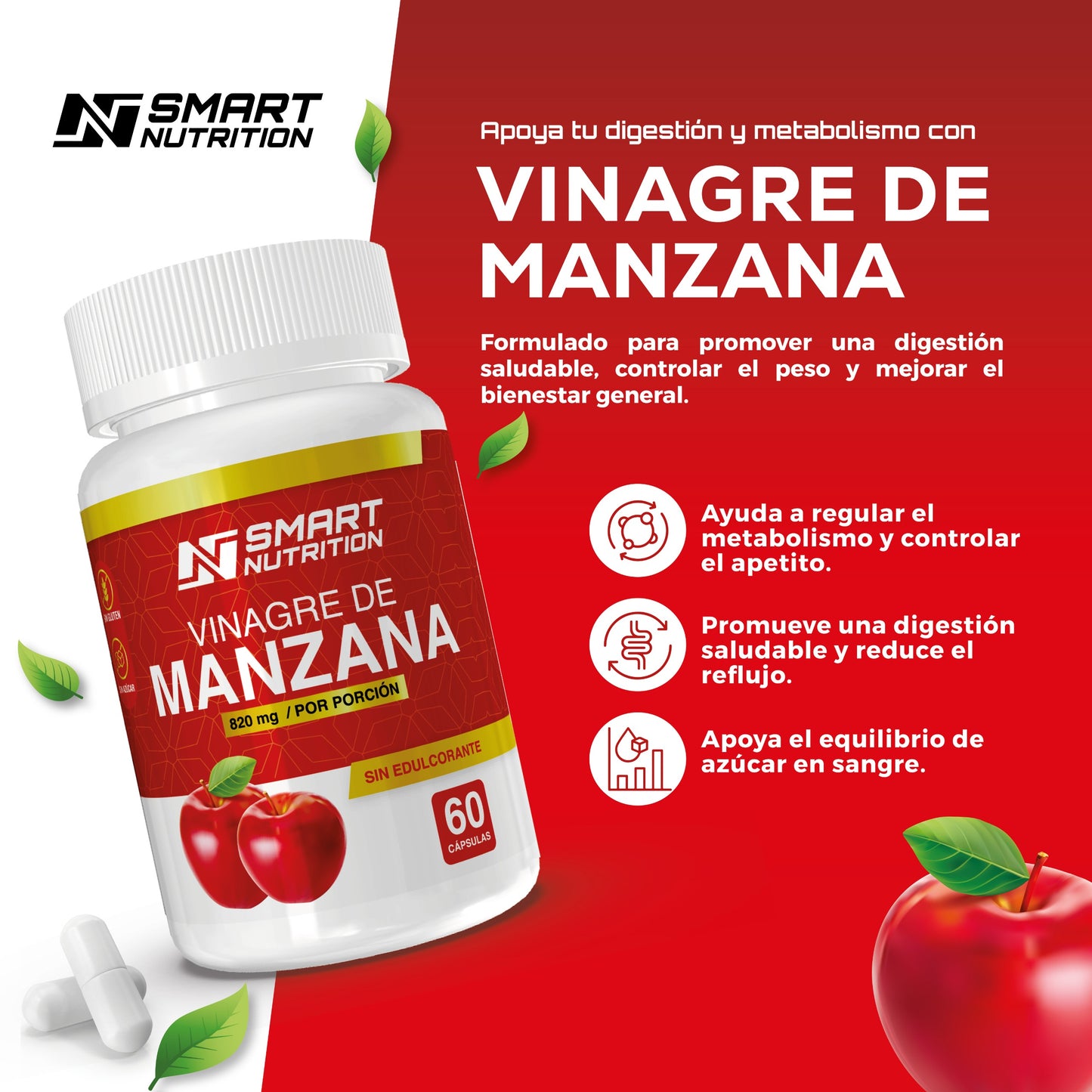 Vinagre de Manzana 820 Mg - 60 Cápsulas - SmartNutrition