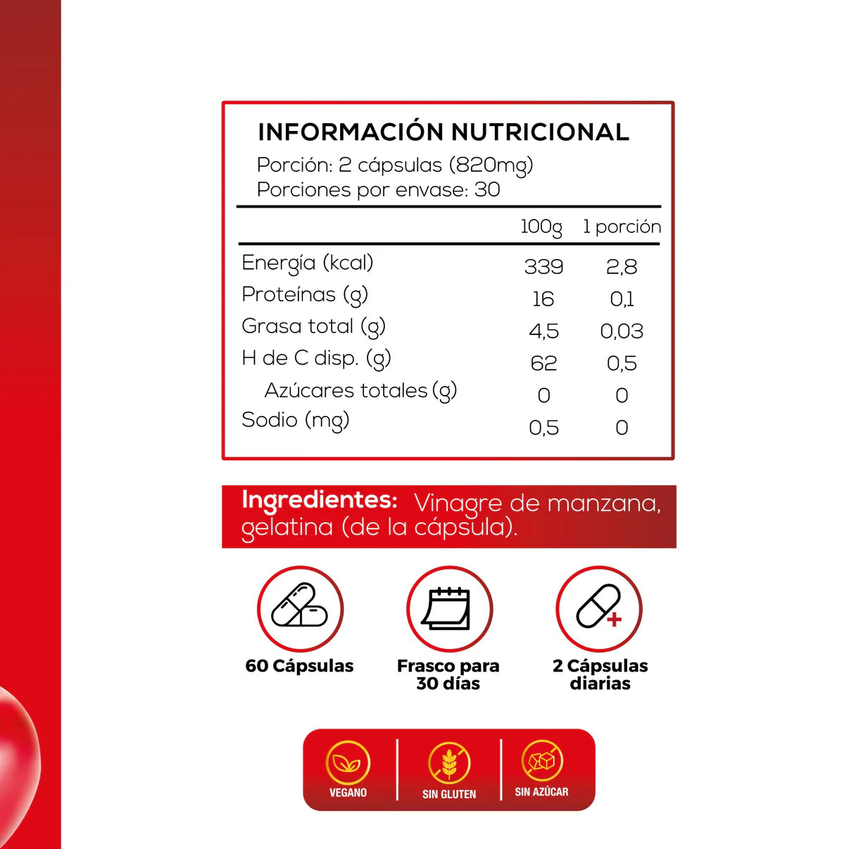 Biotina + Colágeno Hidrolizado + Vitamina C - 60 Cáps. + Vinagre de Manzana 820 Mg - 60 Cáps.