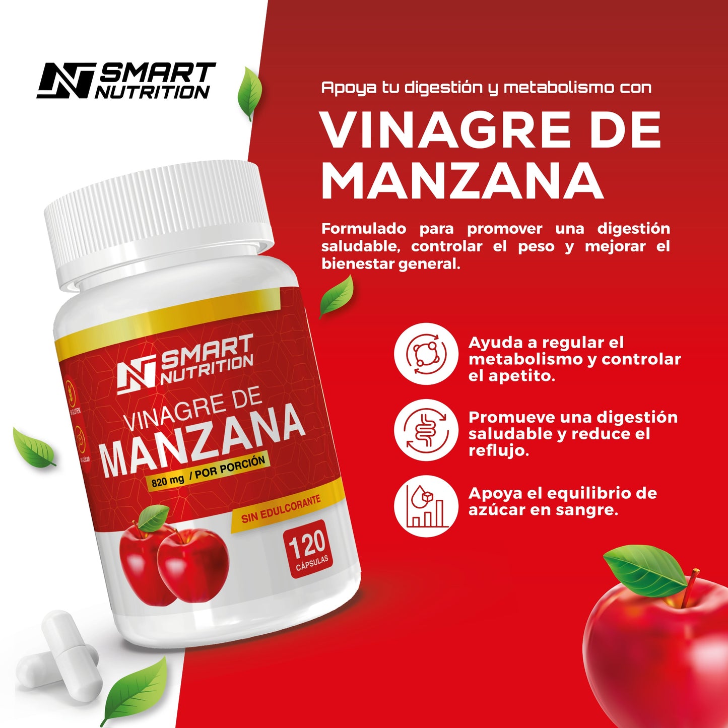 Vinagre de Manzana 820 Mg - 120 Cápsulas - SmartNutrition