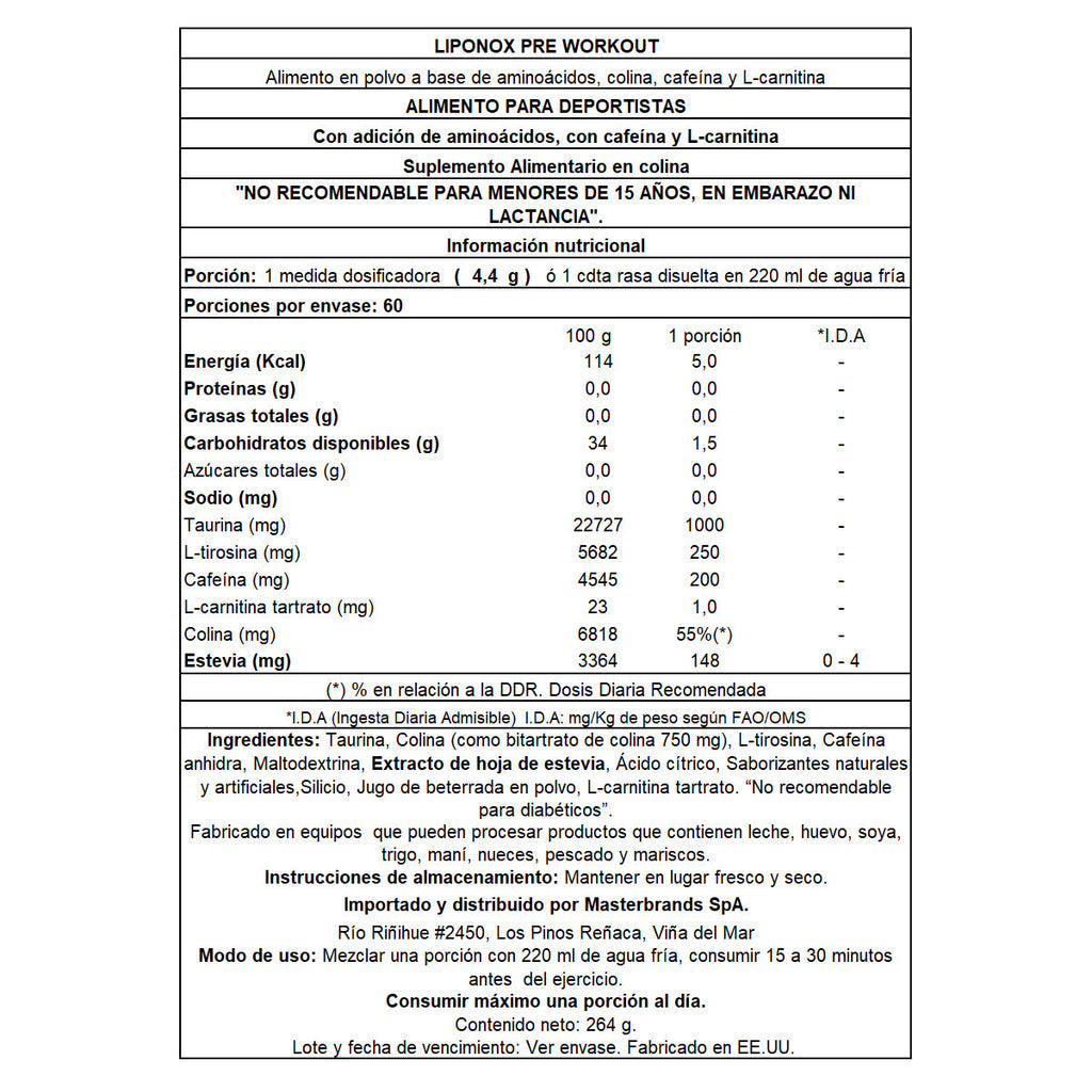 Pre Entreno Energizante Liponox Pre Workout - 60 Servicios LIPONOX Liponox