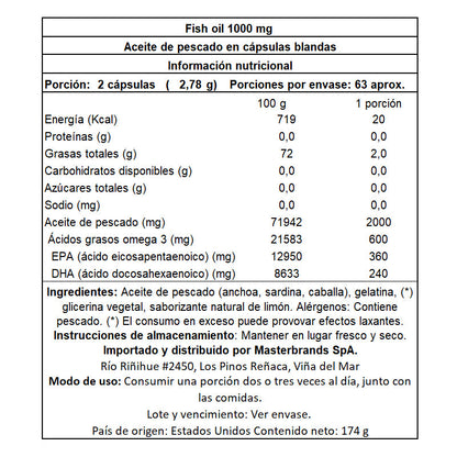 Omega 3 Fish Oil 2000 mg con esencia de limón - 125 Cápsulas Blandas