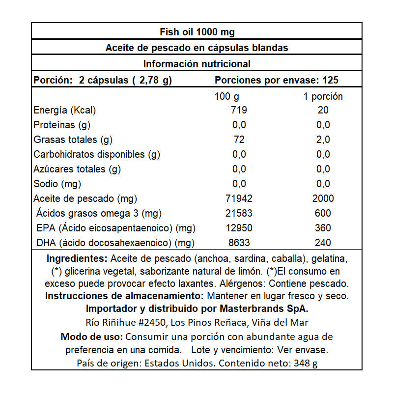 Omega 3 Fish Oil 2000 mg con esencia de limón - 250 Cápsulas Blandas