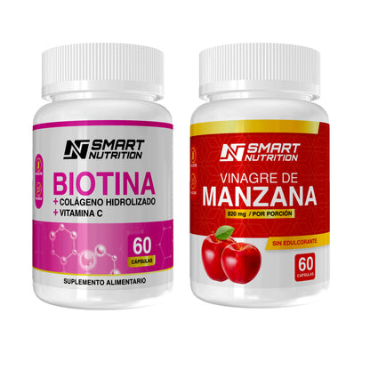 Biotina + Colágeno Hidrolizado + Vitamina C - 60 Cáps. + Vinagre de Manzana 820 Mg - 60 Cáps.